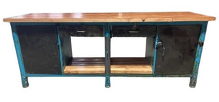 vintage industrial workbench blue and green with new top - Really Old Shit