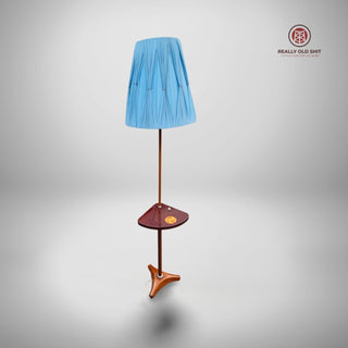 Unique Ukrainian vintage floor lamp with blue tulip shade and table - Really Old Shit
