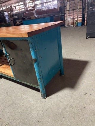 vintage industrial workbench blue and green with new top - Really Old Shit