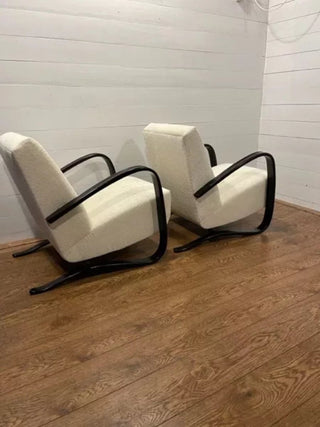 Set of uniqe vintage H-269 chairs by J. Halabala, refurbished in white Boucle - Really Old Shit
